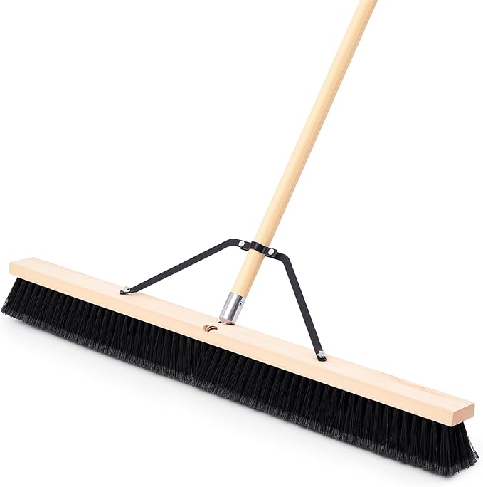36 Inch Push Broom Indoor Outdoor Use, Heavy Duty Floor Sweep Brush with 60 Inch Wood Handle, Stiff Bristles for Concrete Garage Driveway Cleaning Snow Leaves Debris