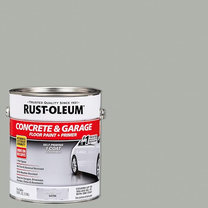 Rust-Oleum 225359-2PK Concrete & Garage Floor Paint and Primer, Gallon, Satin Armor Gray, 2 Pack
