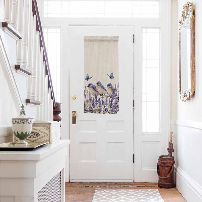 French Door Curtain Panel for Front Door, Blue Purple Bird Flower Floral Butterfly Vintage Slidelight Door Curtains with Tieback Light Filtering Privacy Panels for Doorway Entryway 25"x 40"