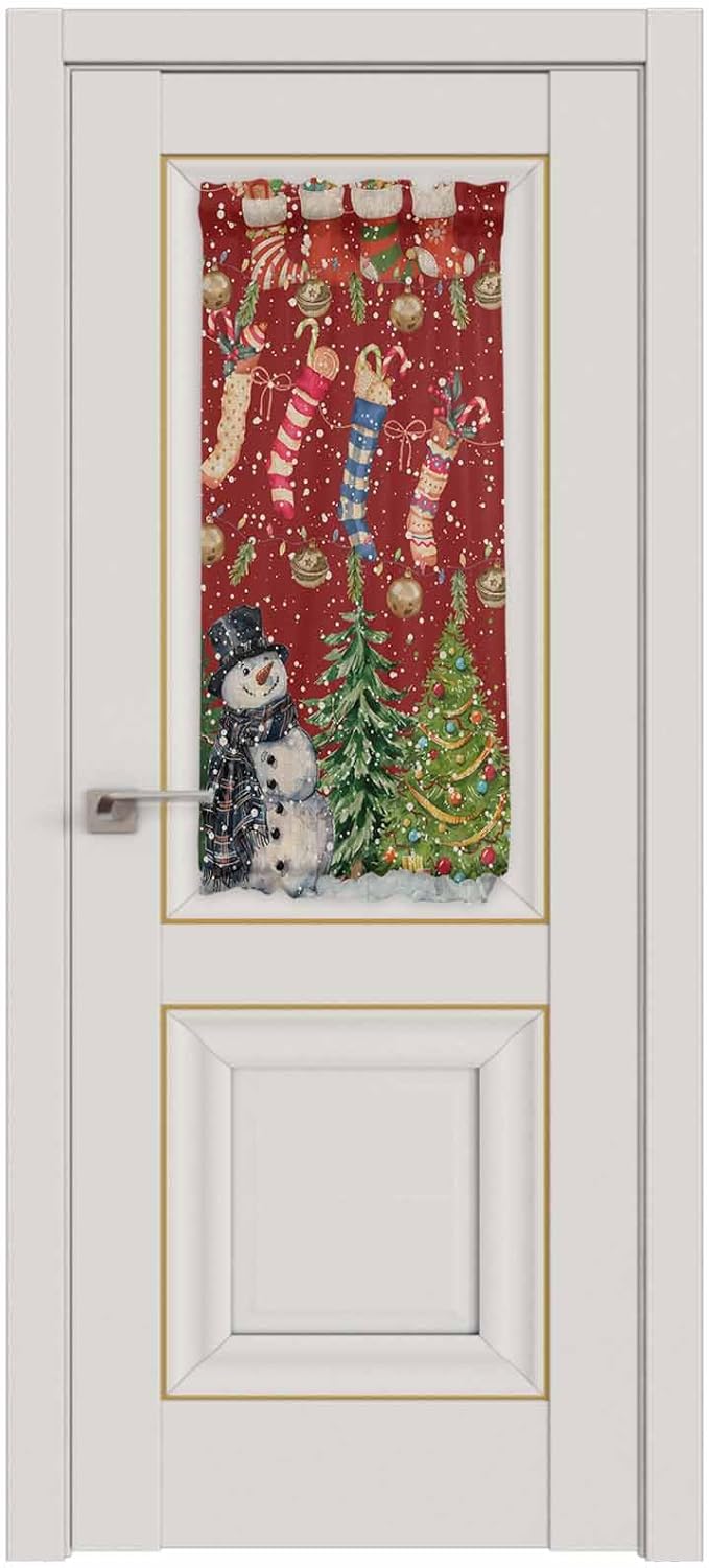 Christmas French Door Curtain Panel for Front Door, Various Christmas Socks Smiling Snowman Pine Tree Slidelight Door Curtains with Tieback Light Filtering Privacy Panels for Entryway 25"x 40"