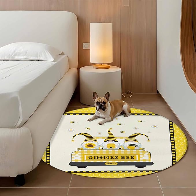Honey Gnomes Round Rug 4 Ft, Bees Hive Sunflower Truck Circle Area Rugs Washable Non Slip Indoor Floor Mats Carpet for Living Room Bedroom Dining Room Home Decor