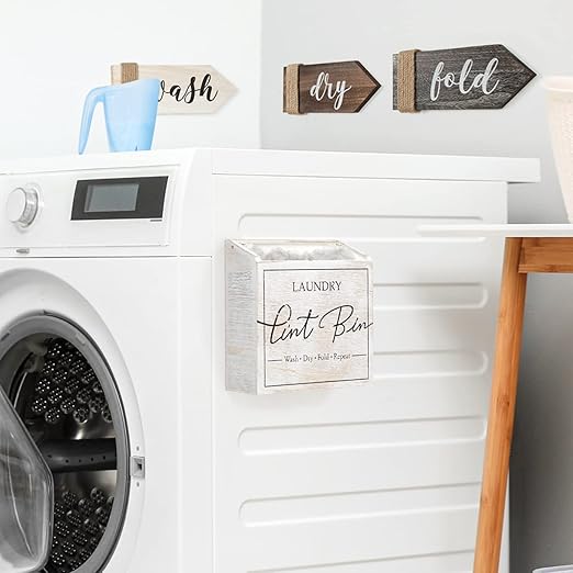 J JACKCUBE DESIGN Magnetic Lint Bin for Laundry Room, Lint Basket Container, Trash Can Box, Organizer, Storage for Washer and Dryer Supplies- White Washed Rustic Wood Wall Mount- MK904A