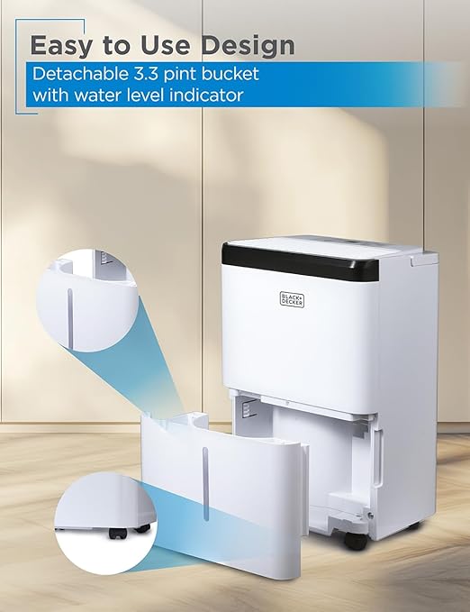BLACK+DECKER 1000 Sq. Ft. Dehumidifier for Home, Bedroom and Basement, Up To 9 Pints Per Day, ENERGY STAR Certified, 3.3-Pint Bucket, LED Display, Auto Defrost & Restart, BDT08TW, White