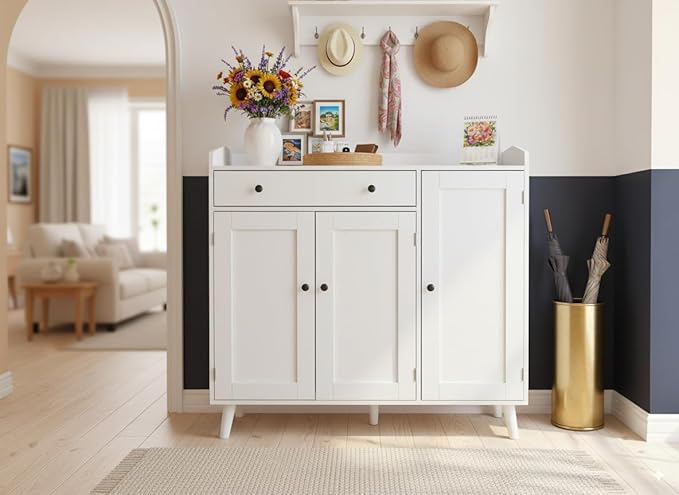 DIYART White Large Shoe Cabinet fit up to Shoe Size 16, Shoe Storage Cabinet with 3 Doors and 1 Drawer, Wooden Shoe Organizer for entryway