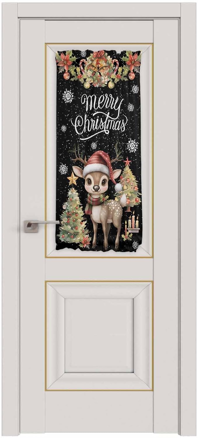 Christmas French Door Curtain Panel for Front Door, Christmas Tree Winter Deer Garland Bell Poinsettia Black Slidelight Door Curtains with Tieback Light Filtering Privacy Panels for Entryway 25"x 40"