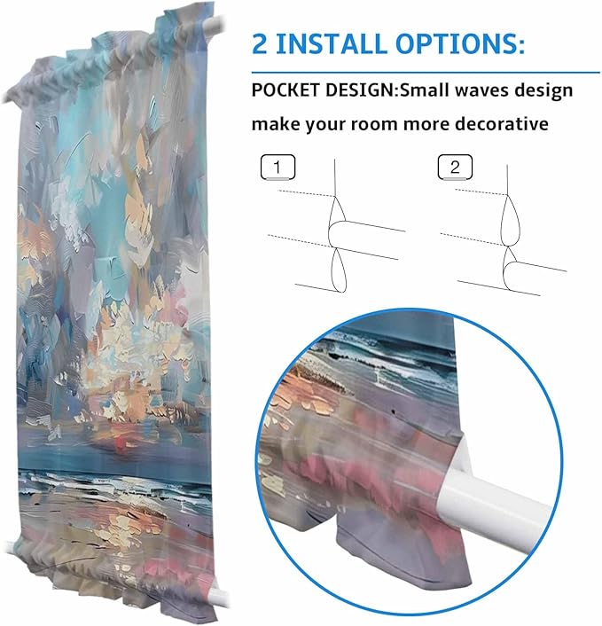 French Door Curtain Panel for Front Door, Oil Painting Blue Gray Summer Beach Abstract Slidelight Door Curtains with Tieback Light Filtering Privacy Panels for Doorway Entryway 25"x 40"