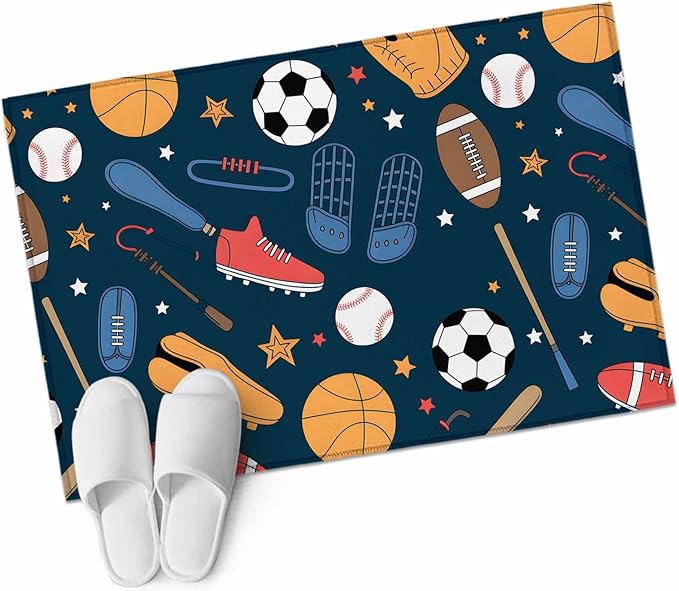 Cartoon Sports Entryway Rug 2'x3', Baseball Soccer Basketball Rugby Sneakers Small Area Rug Non-Slip Front Door Mat Washable Floor Carpet for Indoor Entrance Kitchen Bathroom