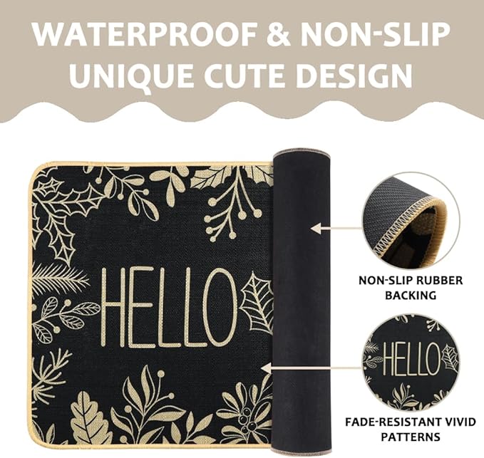 Hello Winter Door Mat Welcome Doormat, Winter Christmas Black Outdoor Rug Leaves Decor Floor Front Door Mat Non-Slip Entrance Mat for Home Kitchen Bathroom Decorations 17 X 29 Inch