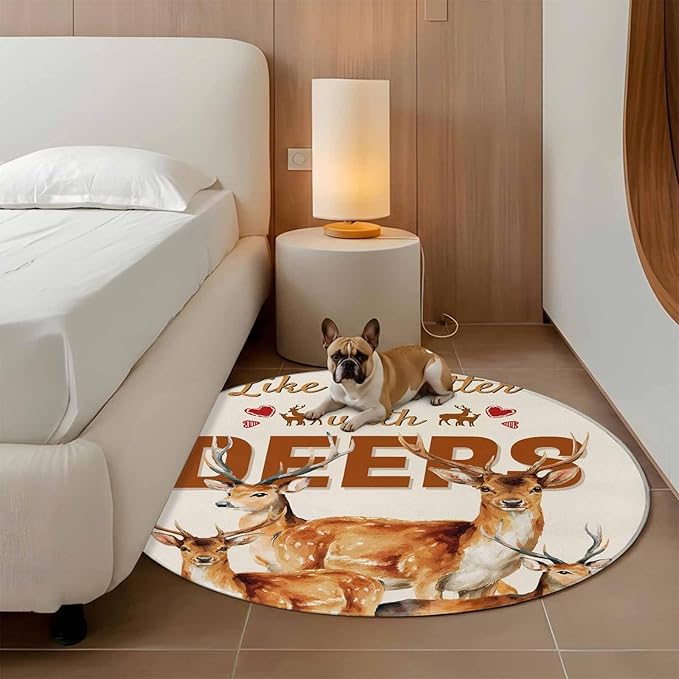 Beige Deer Round Rug 3.3 Ft, Wildlife Animals Rustic Farmhouse Elk Rustic Farmhouse Samll Area Rugs Washable Non Slip Indoor Floor Mats Circle Carpet for Living Room Bedroom Dining Room Home