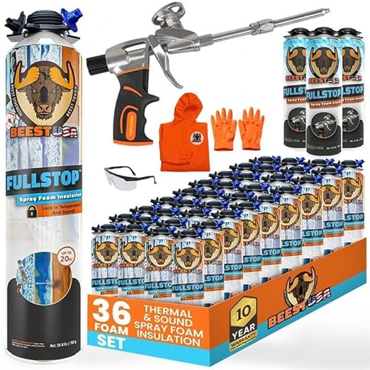 BEEST FullStop Spray Foam Insulation Kit for Walls and Attic - 720 Board ft/sq.ft Perfect Heat & Acoustic Insulation for Reduced Energy Bills - 36x Spray Foam Can, 3X Cleaner, 1 Pro Gun & Safety Gear