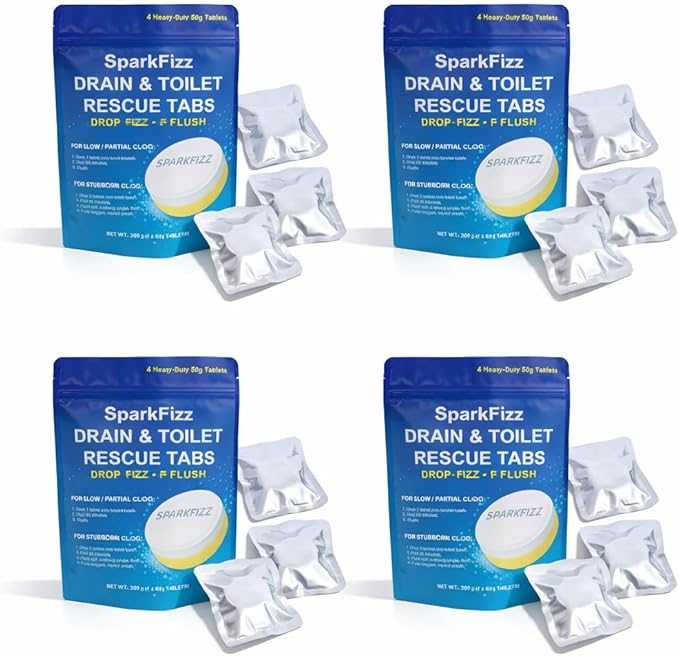 Toilet & Drain Cleaning Tablets – Powerful Foaming Cleaner – Removes Odor & Buildup – Septic Safe – 4/16 Count (4)