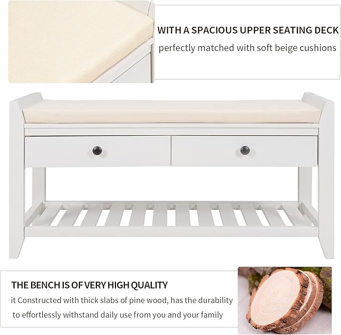 Knocbel Entry Storage Bench Shoes Rack with Cushioned Seat, 2 Drawers & Slatted Shelf, Living Room Entryway Hallway Foyer Shoe Bench Bedroom End of Bed Bench (White)