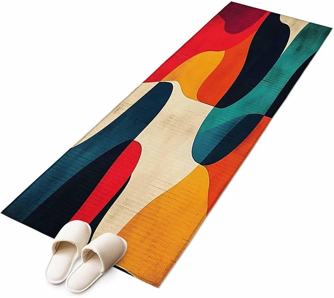 Abstract Art Runner Rug 2'x6', Impressionist Red Blue Color Block Hallway Runner Rugs Washable Non-Slip Bedside Floor Mats Carpet for Kitchen Bedroom Laundry Room Bathroom
