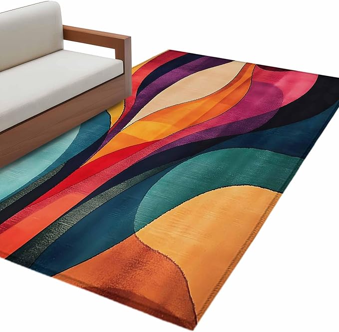 Minimalist Art 3'x5' Area Rugs, Abstract Yellow Blue Color Block Line Washable Area Rugs Non-Slip Indoor Floor Mats Carpet for Living Room Bedroom Dining Room