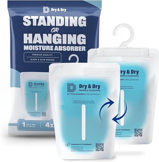 Dry & Dry 15 Packs Hybrid Moisture Absorbers to Control Excess Moisture for Basements, Closets, Bathrooms, Laundry Rooms - Moisture Absorbers, Standing or Hanging Moisture Absorbers