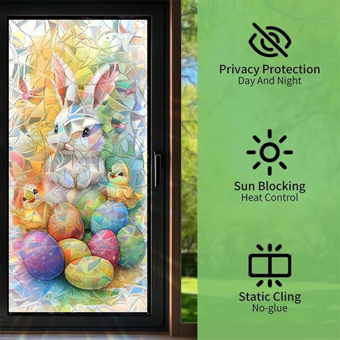 Easter Window Film Bunny Chick and Colorful Egg Design Decorative PVC Window Film for Home Kids Room Entryway Adds Festive Privacy and Soft Light Filtering