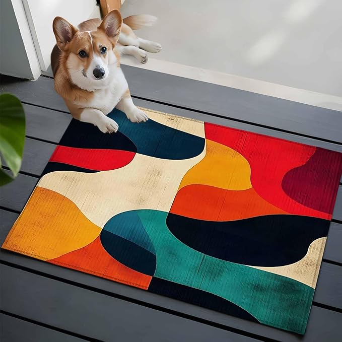 Abstract Art Entryway Rug 2'x3', Impressionist Red Blue Color Block Small Area Rug Non-Slip Front Door Mat Washable Floor Carpet for Indoor Entrance Kitchen Bathroom