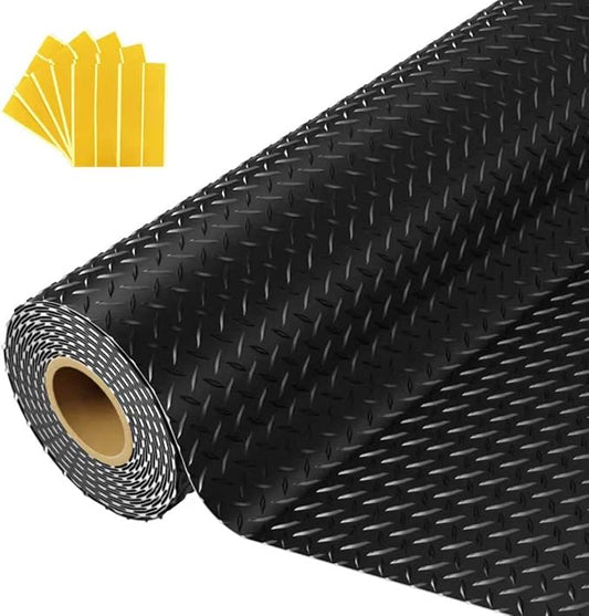 7.5x25 FT Garage Floor Mat, 2.8mm Thickened Flooring Roll Under Car Mat with 20Pcs Tapes, Diamond Plate, Non-Slip Floor Protector Mat for Trailer, Garage, Warehouse, Gyms, Trailer, Black