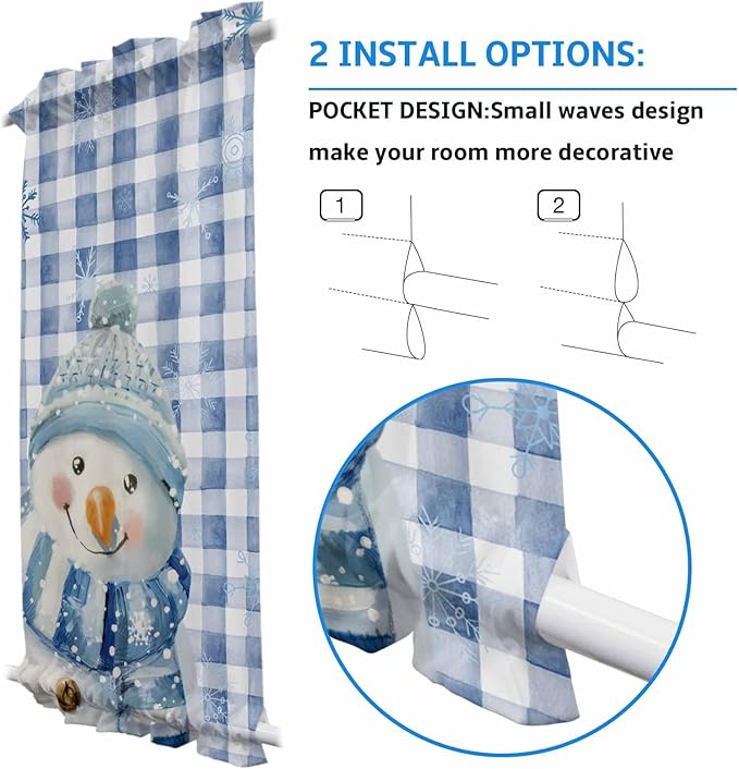 Christmas French Door Curtain Panel for Front Door, Winter Smile Snowman Snowflake Classical Blue Plaid Slidelight Door Curtains with Tieback Light Filtering Privacy Panels for Entryway 25"x 40"