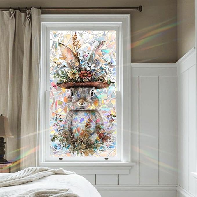 Easter Window Privacy Film 39.4 x 17.3 Inch PVC Bunny Floral Hat Crescent Texture Decorative Glass Covering with Sunlit Glossy Shine for Bathroom Kitchen Living Room Privacy Accent