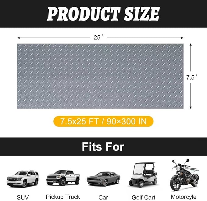7.5x25 FT Garage Floor Mat, 2.8mm Thickened Flooring Roll Under Car Mat with 20Pcs Tapes, Diamond Plate, Non-Slip Floor Protector Mat for Trailer, Garage, Warehouse, Gyms, Trailer, Gray