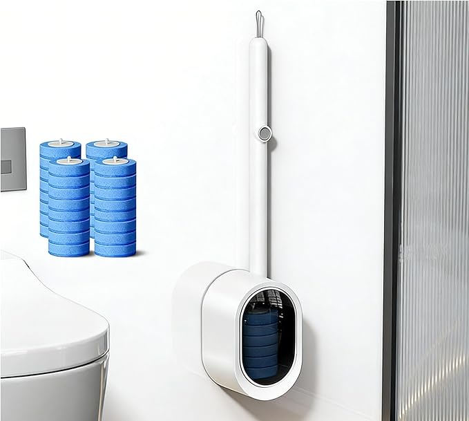 Disposable Toilet Cleaning System with 32 Refill Heads - Toilet Bowl Wand and Wall Mounted Holder, Deep Cleaning Bathroom Brush Kit with Storage Caddy (White)