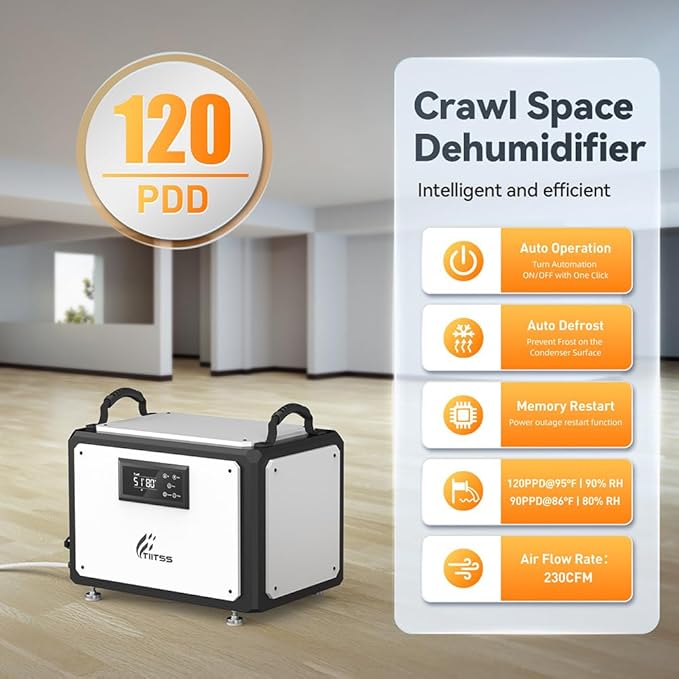 Commercial Dehumidifier 120 Pint with Drain Hose for Crawl Spaces, Industrial, Basements, Garages, Dehumidifier with Pump, Portable, Compact, Large Capacity, Auto Defrost, Memory Restart