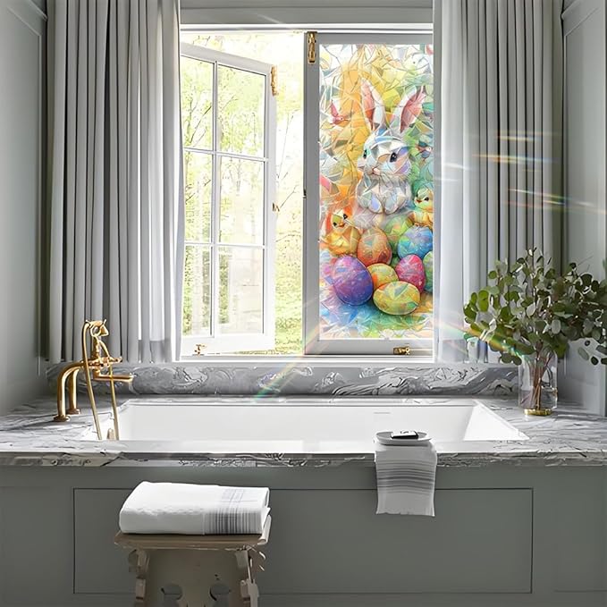 Easter Window Film Bunny Chick and Colorful Egg Design Decorative PVC Window Film for Home Kids Room Entryway Adds Festive Privacy and Soft Light Filtering