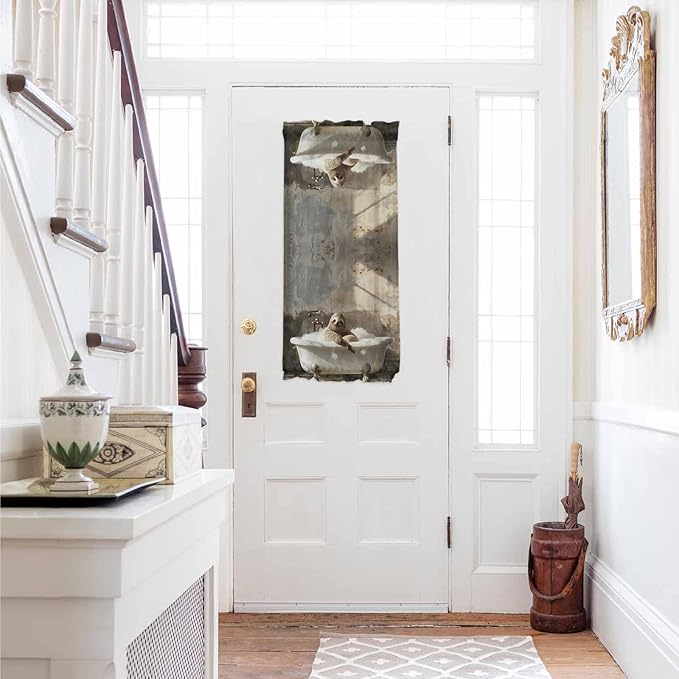 French Door Curtain Panel for Front Door, Vintage Oil Painting Bathing Sloth Bathtub Slidelight Door Curtains with Tieback Light Filtering Privacy Panels for Doorway Entryway 25"x 40"