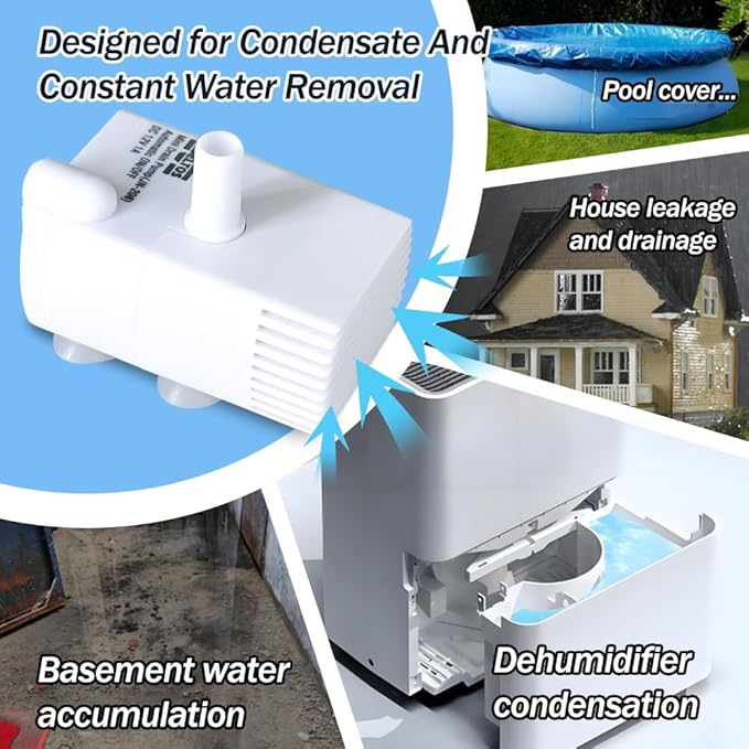 Automatic Small Sump Pump with Water Sensor, 8 FT Lift 70 GPH 115V/230V Mini Condensate Pump with Float Switch, Water Removal for Dehumidifier, Air Conditioner, Ice Maker, Basement, Auto On Off