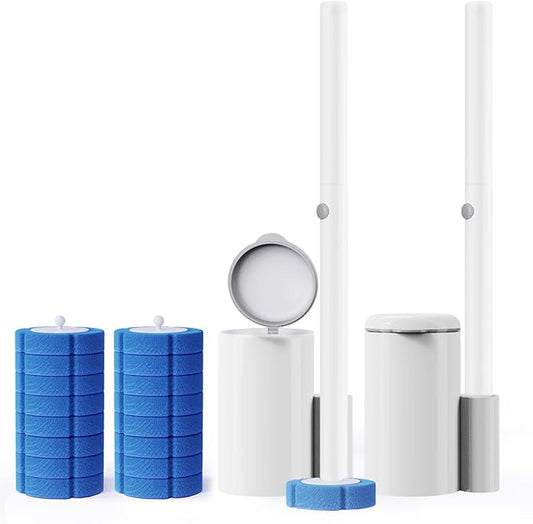 Disposable Toilet Brush 2 Pack- Toilet Bowl Cleaner, Toilet Bowl Brush, Each Toilet Wand with 8 PCS Brush Refills for Bathroom Deep Cleaning Round Shape(2 Pack, White)