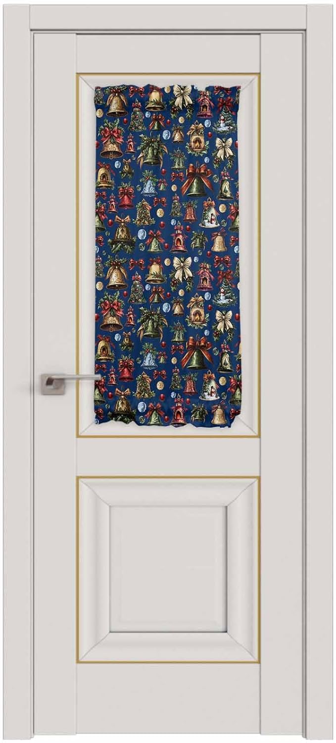 Christmas French Door Curtain Panel for Front Door, Various Christmas Ornaments Bows Bells Navy Blue Slidelight Door Curtains with Tieback Light Filtering Privacy Panels for Doorway Entryway 25"x 40"