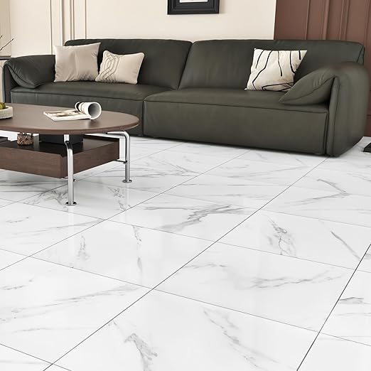 Wallercity White Marble Floor Tile Peel and Stick Bathroom Flooring Self Adhesive 18PCS Vinyl Floor Tiles Waterproof Flooring Sticky Tiles for Kitchen Bedroom Dinning Room Laminate Sheets 12''x12''