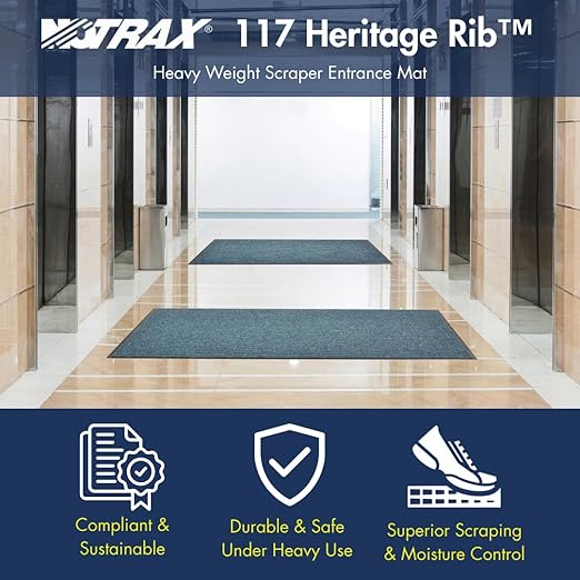 Notrax Heritage Rib™ Commercial Indoor Door Mat Office Rugs – 4' x 6' Gray Front Door Mat with Double Rib 22oz Yarn, Non-Slip Vinyl Backing – Durable Entryway Rug Made in The USA – 117S0046GY