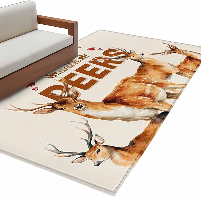 Beige Deer 4'x6' Area Rugs, Wildlife Animals Rustic Farmhouse Elk Rustic Farmhouse Washable Area Rugs Non-Slip Indoor Floor Mats Carpet for Living Room Bedroom Dining Room