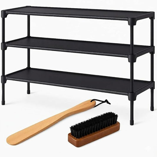 PRINCKY Store - 3-Tier Shoe Rack Organizer Bundle with Wooden Shoe Horn and Cleaning Brush, Compact Free-Standing Shoe Shelf for Closet, Entryway and Dorm, Space Saving Design, Black