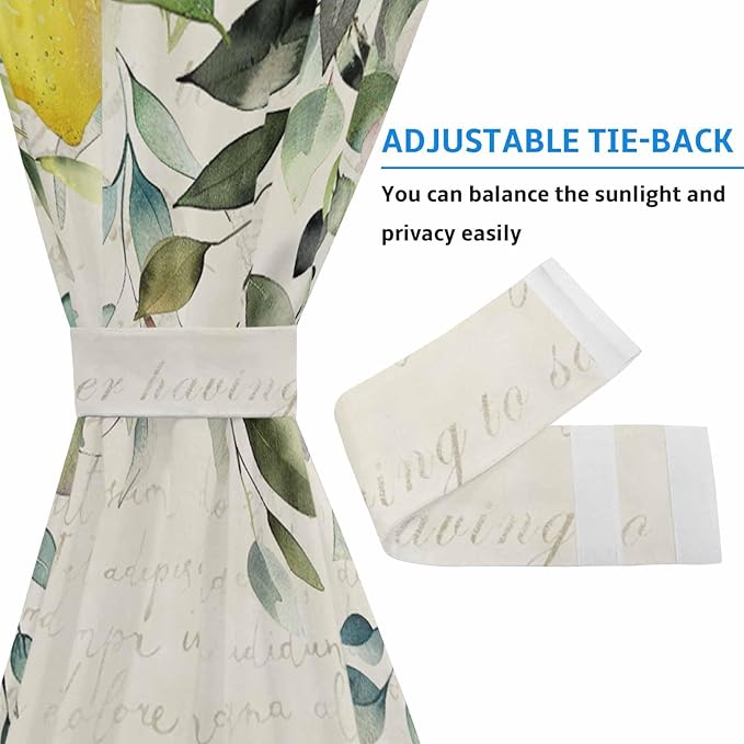 French Door Curtain Panel for Front Door, Vintage Lemon Botanical Plant Eucalyptus Leaves Sage Green Slidelight Door Curtains with Tieback Light Filtering Privacy Panels for Doorway Entryway 25"x 40"