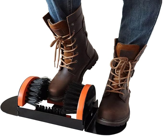 Zeluga 26-387 Portable Hardwood Construction and Metal Frame Boot Scraper and Scrubber, Indoor & Outdoor Shoe Cleaner Brush, Black/Orange