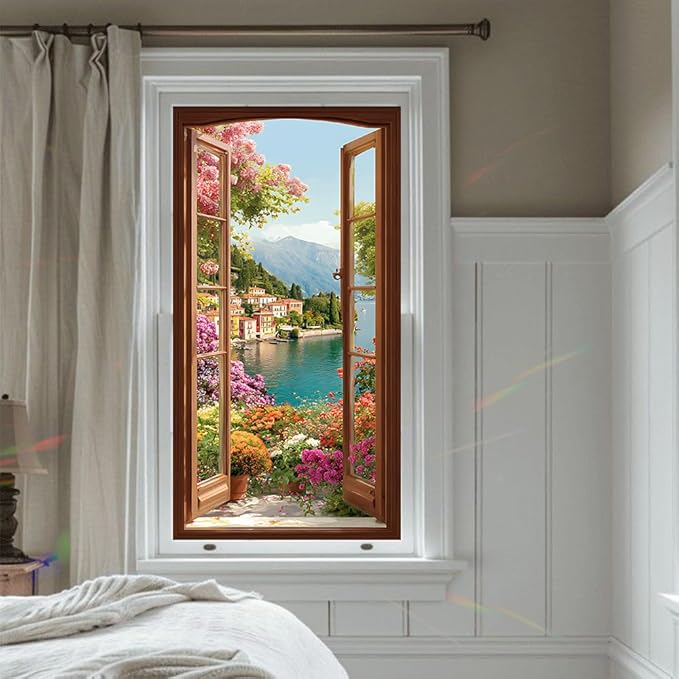 Window Privacy Film 17x39 Inch Scenic Lake View Design Peel and Stick Static Cling Decorative Window Film for Home Office Bedroom Bathroom Glass Door Covering