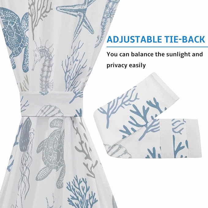 French Door Curtain Panel for Front Door, Summer Marine Life Coral Sea Turtle Shell Jellyfish Slidelight Door Curtains with Tieback Light Filtering Privacy Panels for Doorway Entryway 25"x 40"