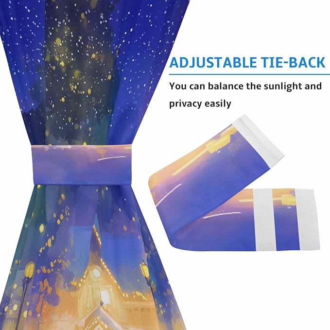 Christmas French Door Curtain Panel for Front Door, Watercolor House Xmas Tree Snowy Night Slidelight Door Curtains with Tieback Light Filtering Privacy Panels for Doorway Entryway 25"x 40"