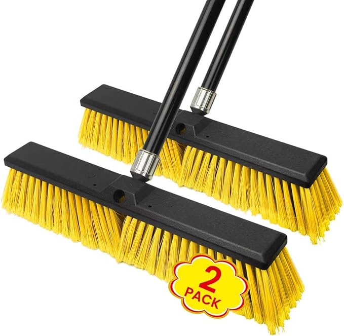 24 Inches Push Broom Outdoor，Commercial Broom Brush，Stiff Bristle Brush with 61.8 inches Long Handle for Patio Garage Deck Street Shop Warehouse Lawn Driveway -2 Pack