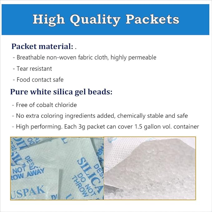 Silica Gel Desiccant Packets Non Toxic Drying Agent Moisture Absorber Packs for Storage (3 Gram - 100 Packets)