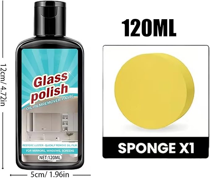 Glass Cleaner, 120ml Polishing Stain Remover with Sponge, Deep Cleaning Stain Remover, Bathroom Polisher, Remove-r Paste, Window Mirror Cleaning Solution for Limescale Tile Mirror Faucet Ceramic
