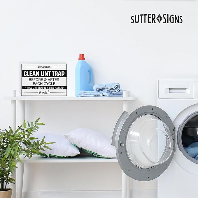 Clean Lint Trap Sign 5" x 7" | Durable Plastic Clean Laundry Sign with Peel and Stick Adhesive Backing | Rental and Airbnb Essentials for Hosts