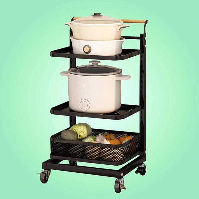Kitchen Saucepan Storage Rack nizer with Free Standing Countertop Corner Stand Black Pot and Pan Holder for Cupboard Shelves Includes 3 Boards and 1 Basket
