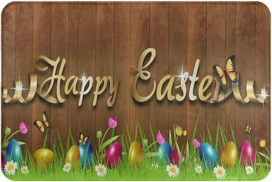 Happy Easter Colorful Eggs in Grass Flowers Funny Welcome Doormat Personalized Door Mat Bath Rug Non-Slip Dust Inside/Outside Floor Carpet for Kitchen Front Hall Lawn 16x24 inch