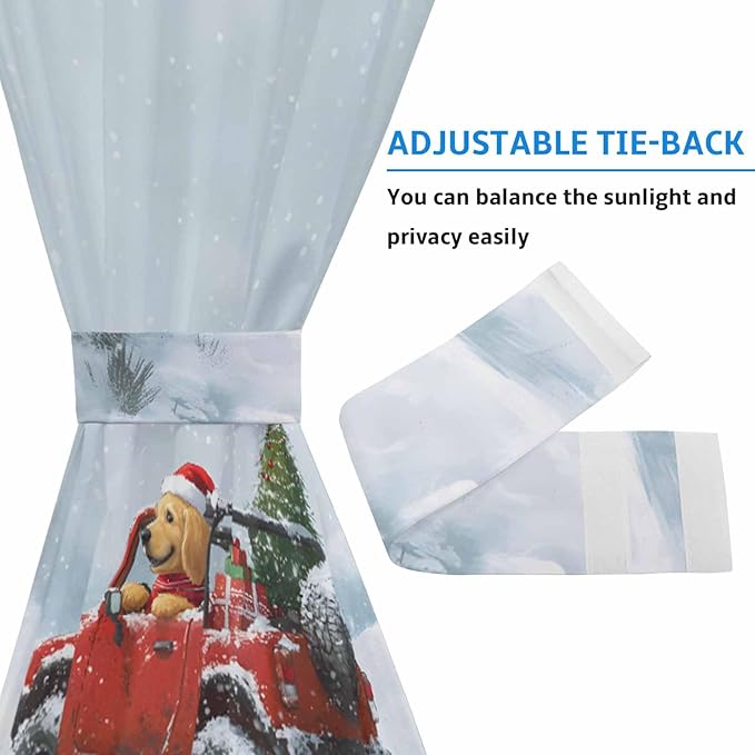 Christmas French Door Curtain Panel for Front Door, Merry Christmas Tree Red Truck Dog Winter Snow Slidelight Door Curtains with Tieback Light Filtering Privacy Panels for Doorway Entryway 25"x 40"