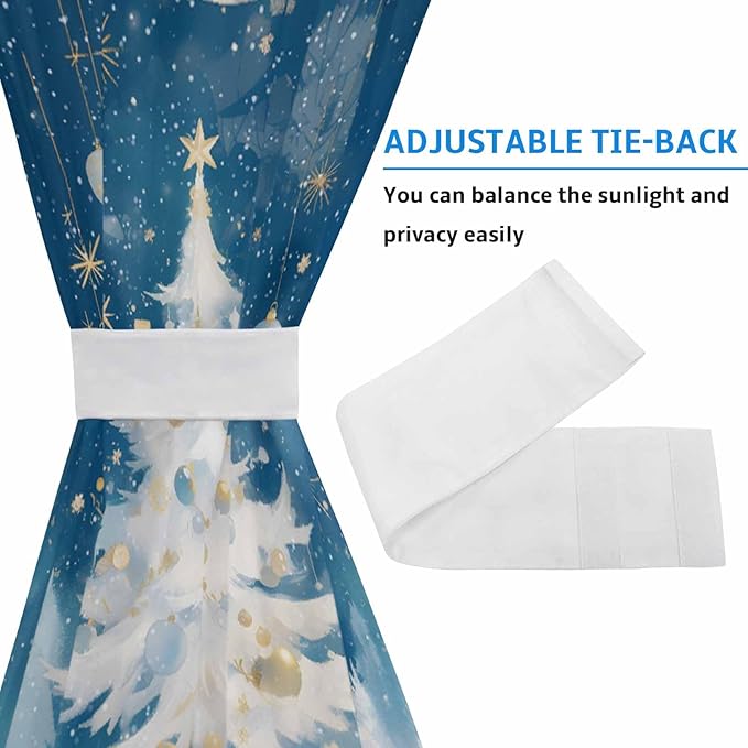 Christmas French Door Curtain Panel for Front Door, Blue Ink Night Moon White Book Xmas Trees Slidelight Door Curtains with Tieback Light Filtering Privacy Panels for Doorway Entryway 25"x 40"