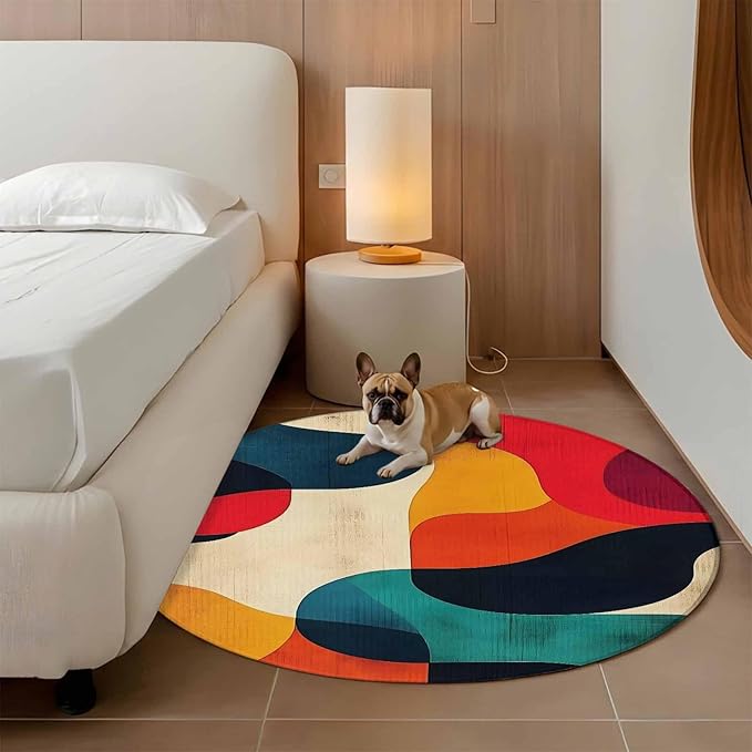 Abstract Art Small Round Rug 3 Ft, Impressionist Red Blue Color Block Area Rugs Washable Non Slip Indoor Floor Mats Circle Carpet for Living Room Bedroom Dining Room Home Decor